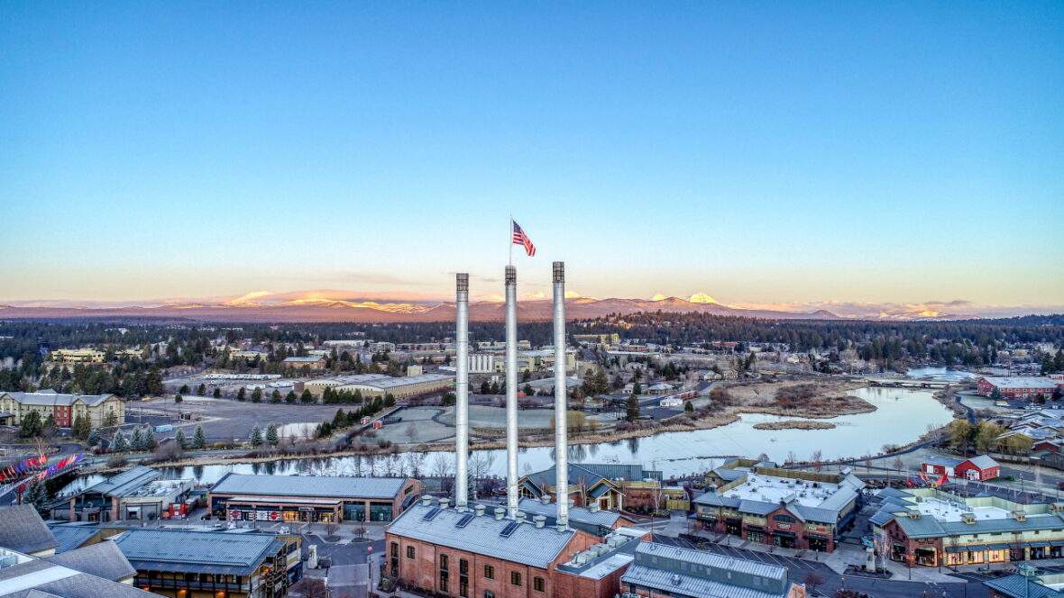 Old Mill District Bend, Oregon with Cascades mountains view in winter