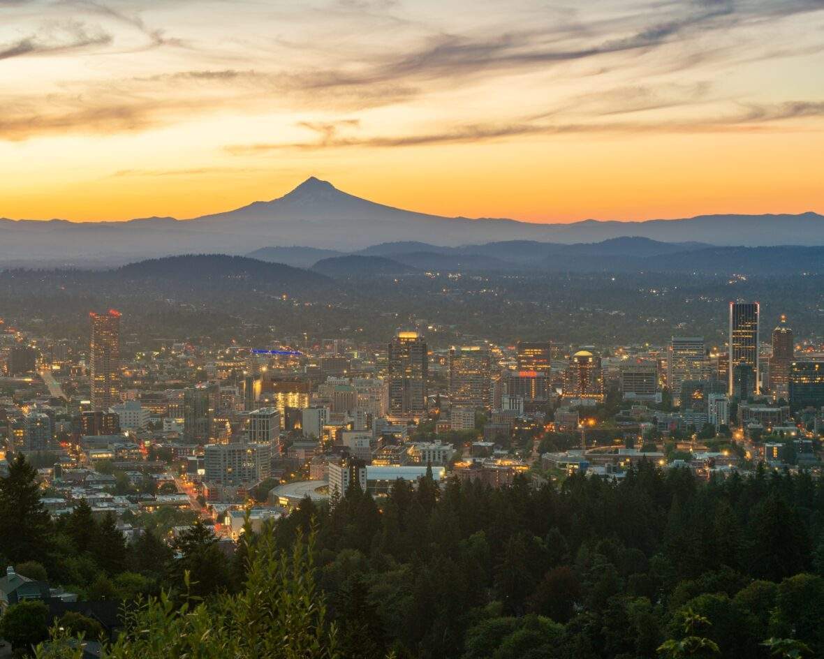 Portland Oregon skyline at Sunset with Mount Hood